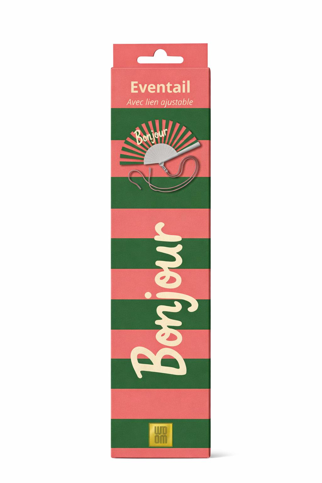 La boîte cadeau Bonjour reprend les codes graphiques de l’éventail avec ses rayures colorées et son message emblématique.
Compacte et soignée, elle protège l’éventail tout en offrant une belle présentation.