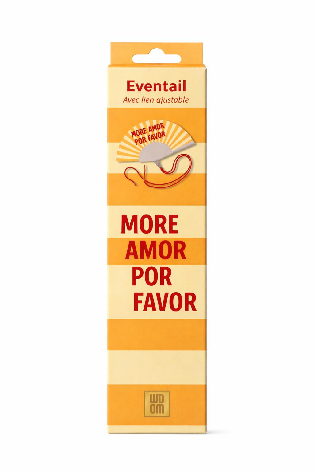 Boîte cadeau de l’éventail « More Amor Por Favor », aux rayures jaunes et crème, avec illustration de l’éventail. Un packaging soigné, parfait pour un cadeau estival plein de bonne humeur.