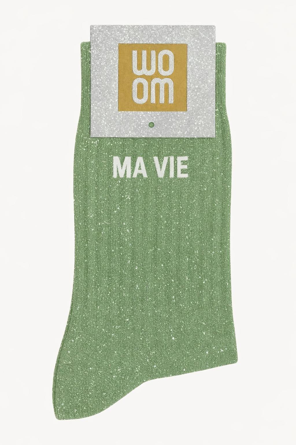 chaussette à paillettes verte avec message ma vie et packaging glitter