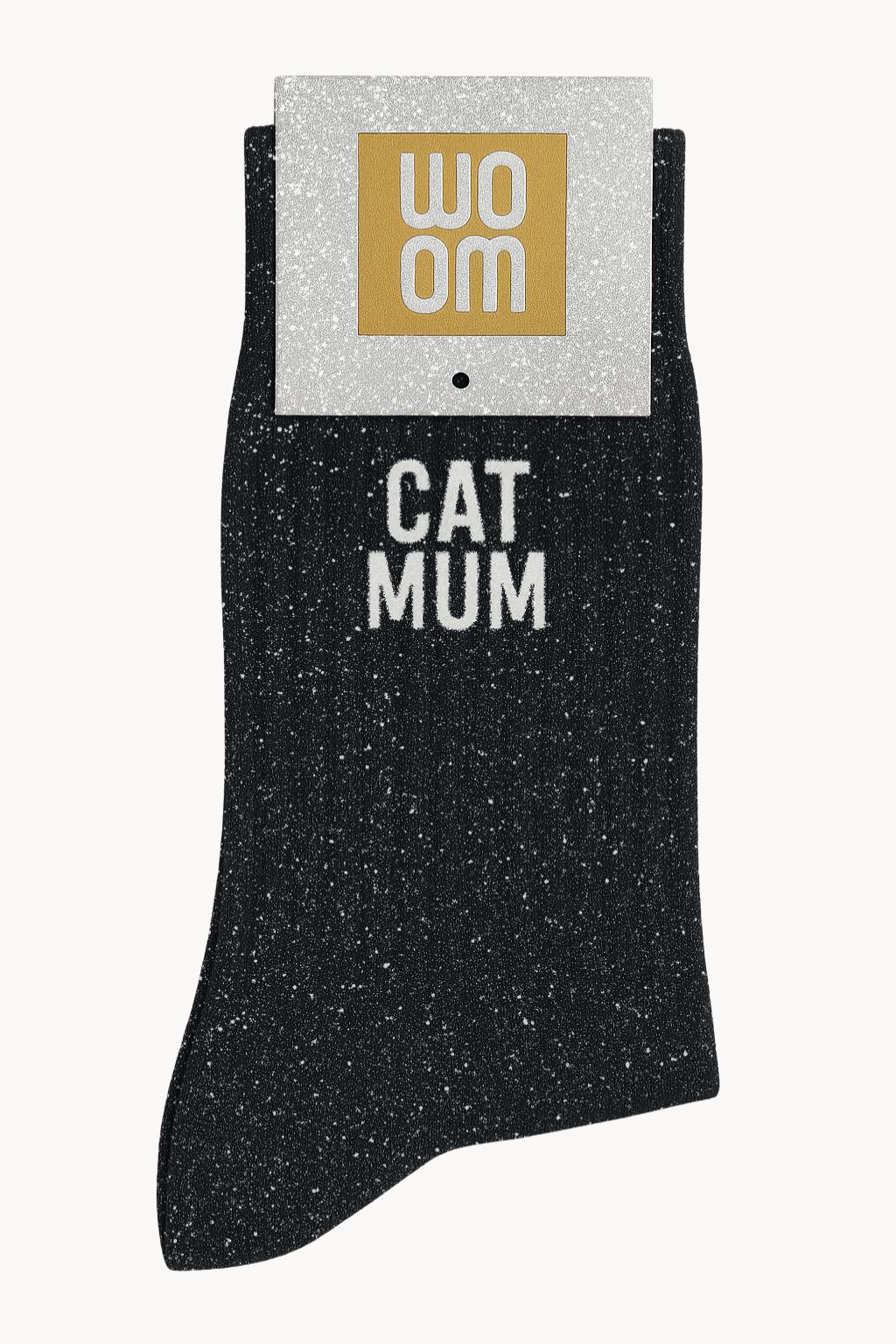 chaussettes noires à paillettes avec message cat mum