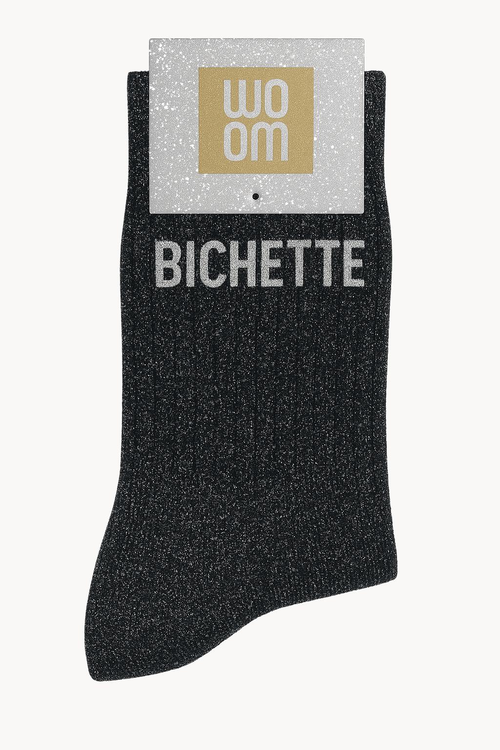 Chaussettes noires à paillettes modèle  "BICHETTE"  - message drôle - cadeau rigolo femme - Woom