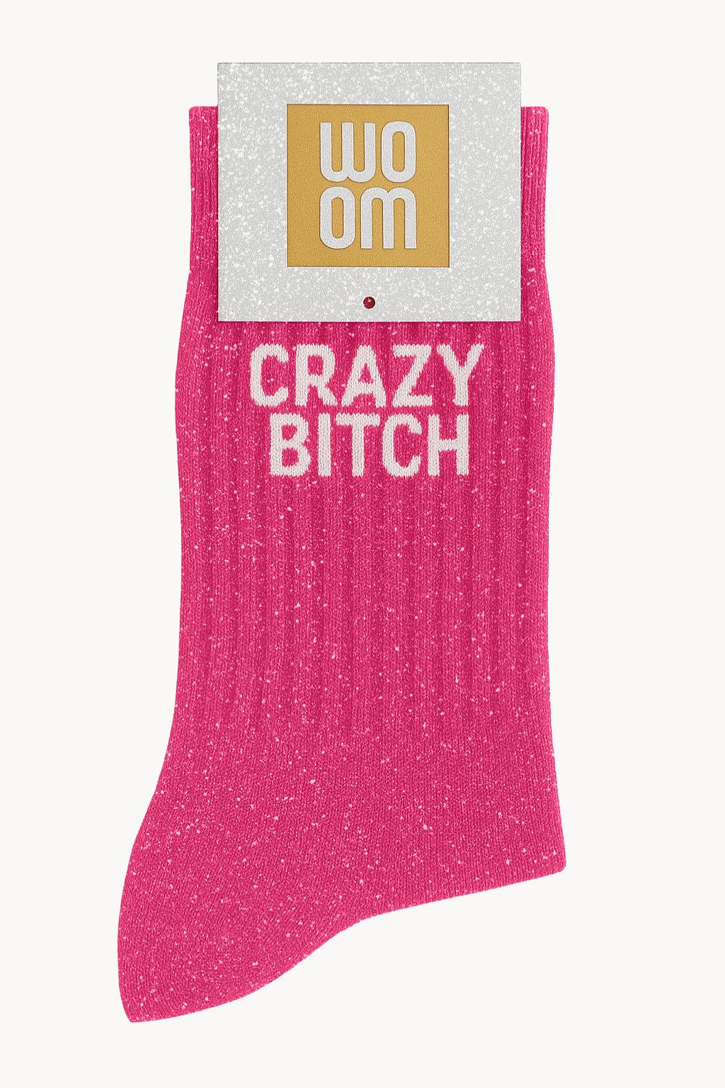 Chaussettes rose à paillettes modèle "Crazy Bitch" - message drôle - cadeau rigolo femme - Woom