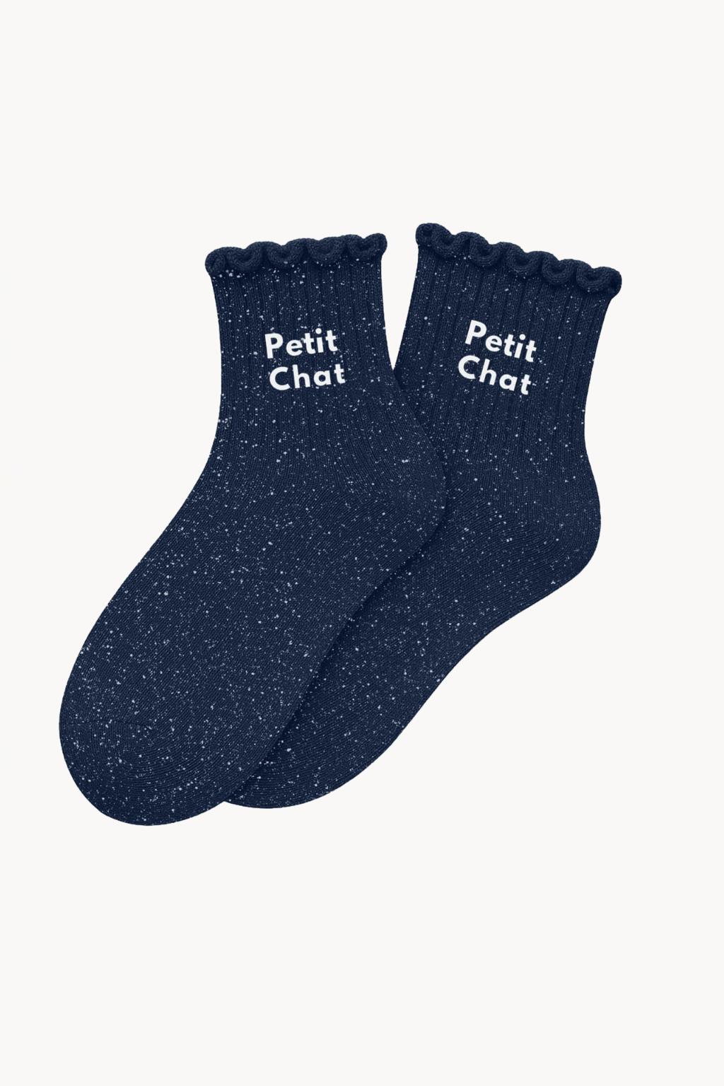 Chaussettes à Paillettes Enfant "Petit Chat" - Bleu Marine