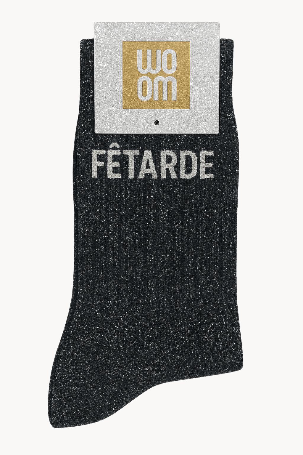 Chaussettes noires à paillettes modèle "Fêtarde" - message drôle - cadeau rigolo femme - Woom