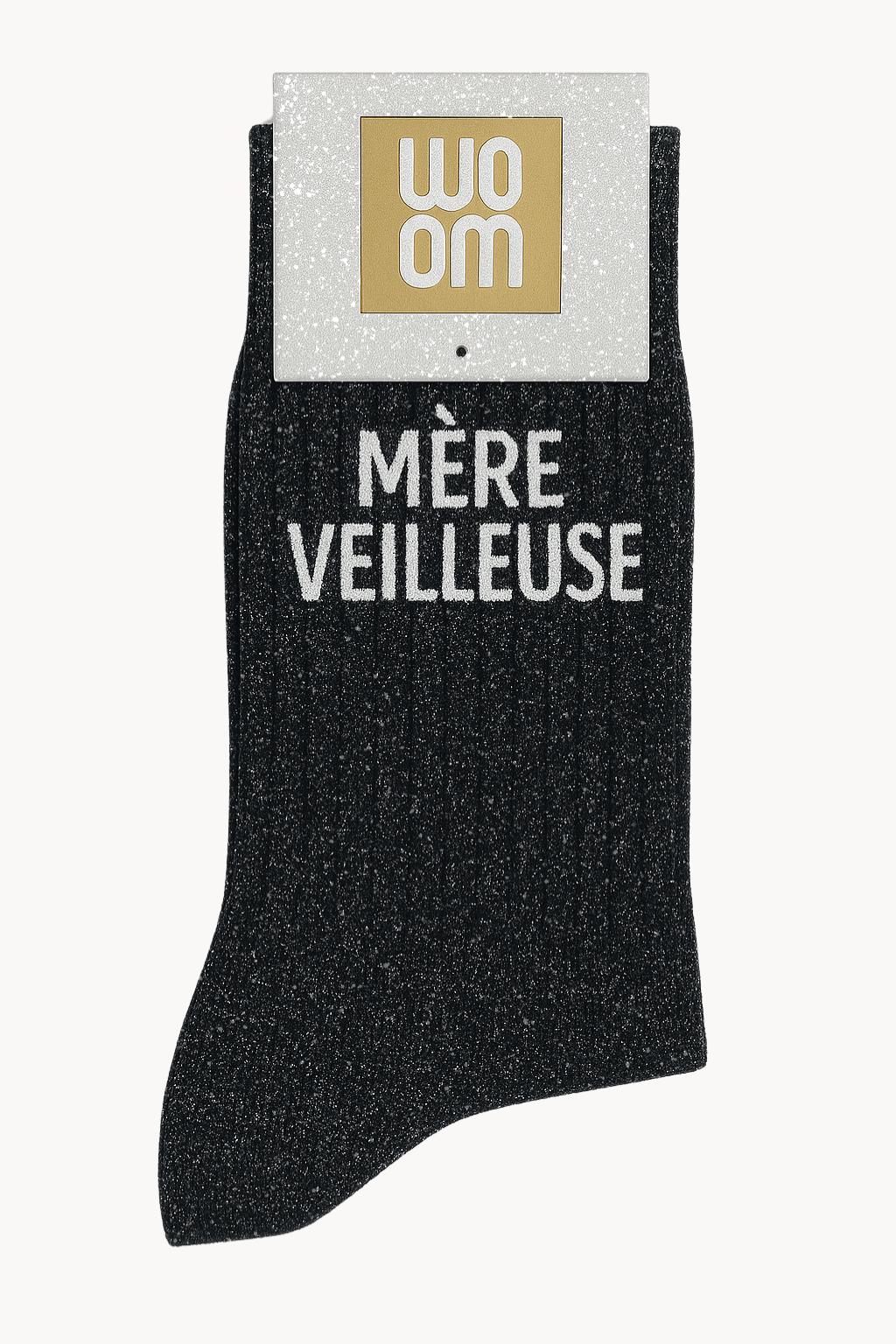 Chaussettes noires à paillettes modèle "Mère Veilleuse" - message drôle - cadeau rigolo femme - Woom