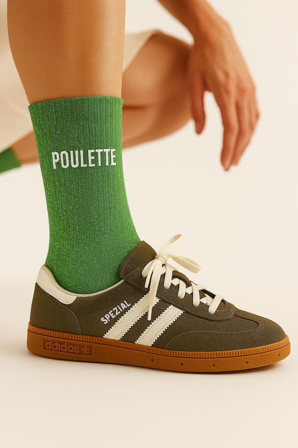 Chaussettes à Paillettes à Message "Poulette" - Vert Amande