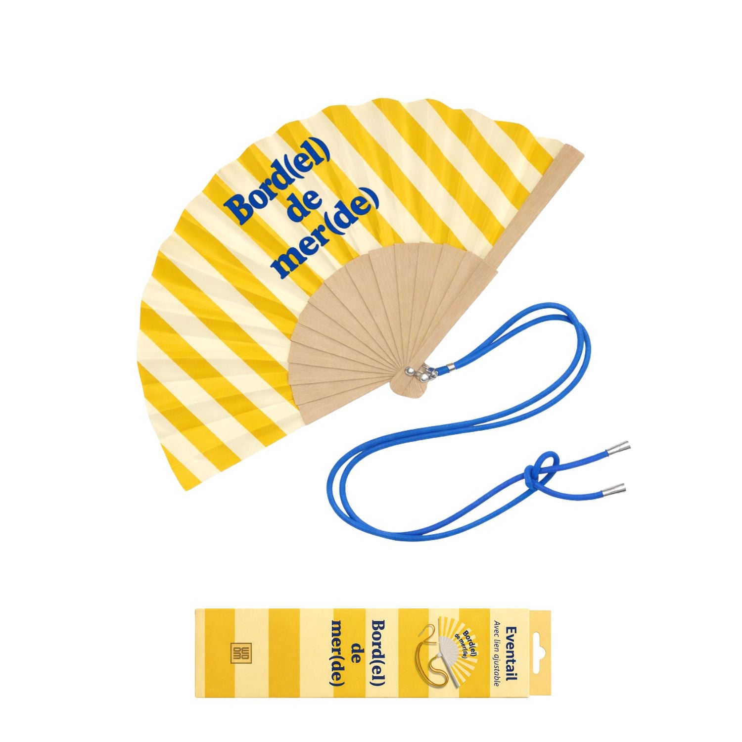 Éventail avec bandoulière « Bord(el) de mer(de) » présenté avec sa boîte cadeau assortie à rayures jaunes.
Un accessoire estival fun et pratique, idéal à offrir ou à exposer.