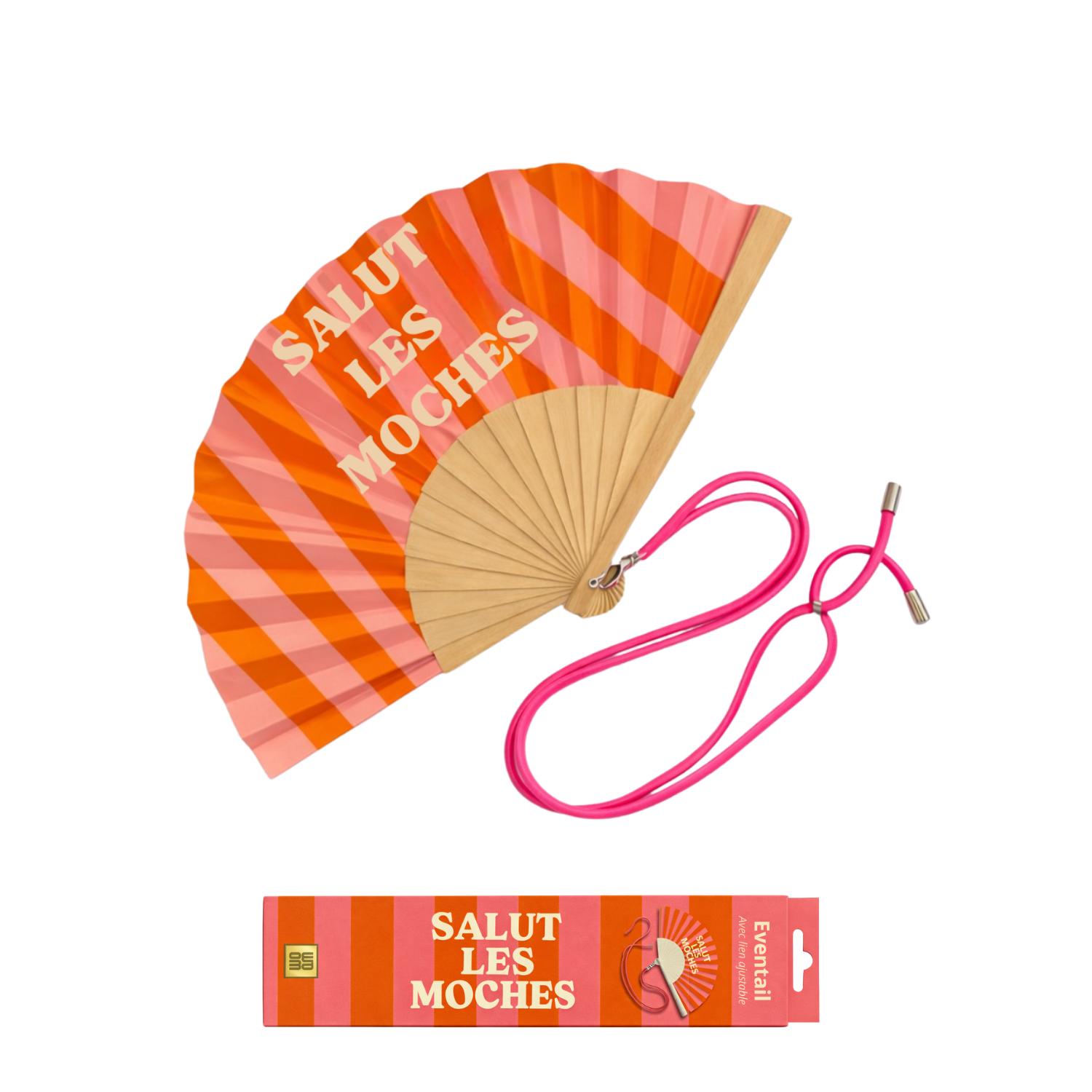 Éventail avec bandoulière rose et orange message “Salut les moches” livré dans une boîte cadeau