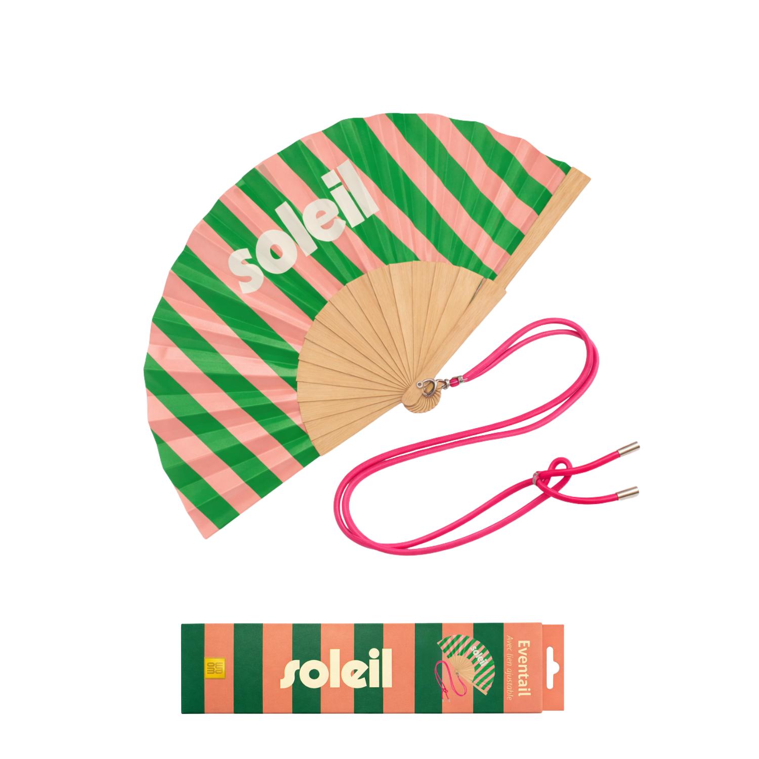 Éventail avec bandoulière motif soleil livré dans une boîte cadeau
