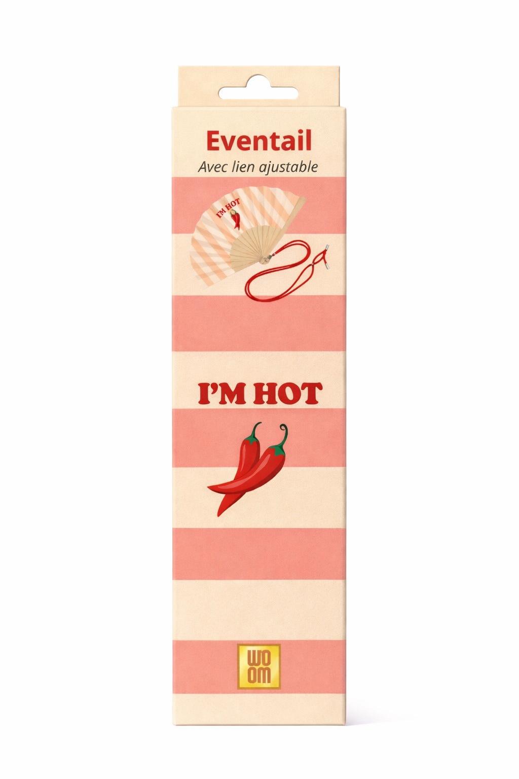 Éventail pliable en bois et textile rayé, décoré du message « I’M HOT » et d’un motif piment. Il est équipé d’un lien ajustable pour le porter autour du cou ou au poignet, parfait pour les fortes chaleurs.
