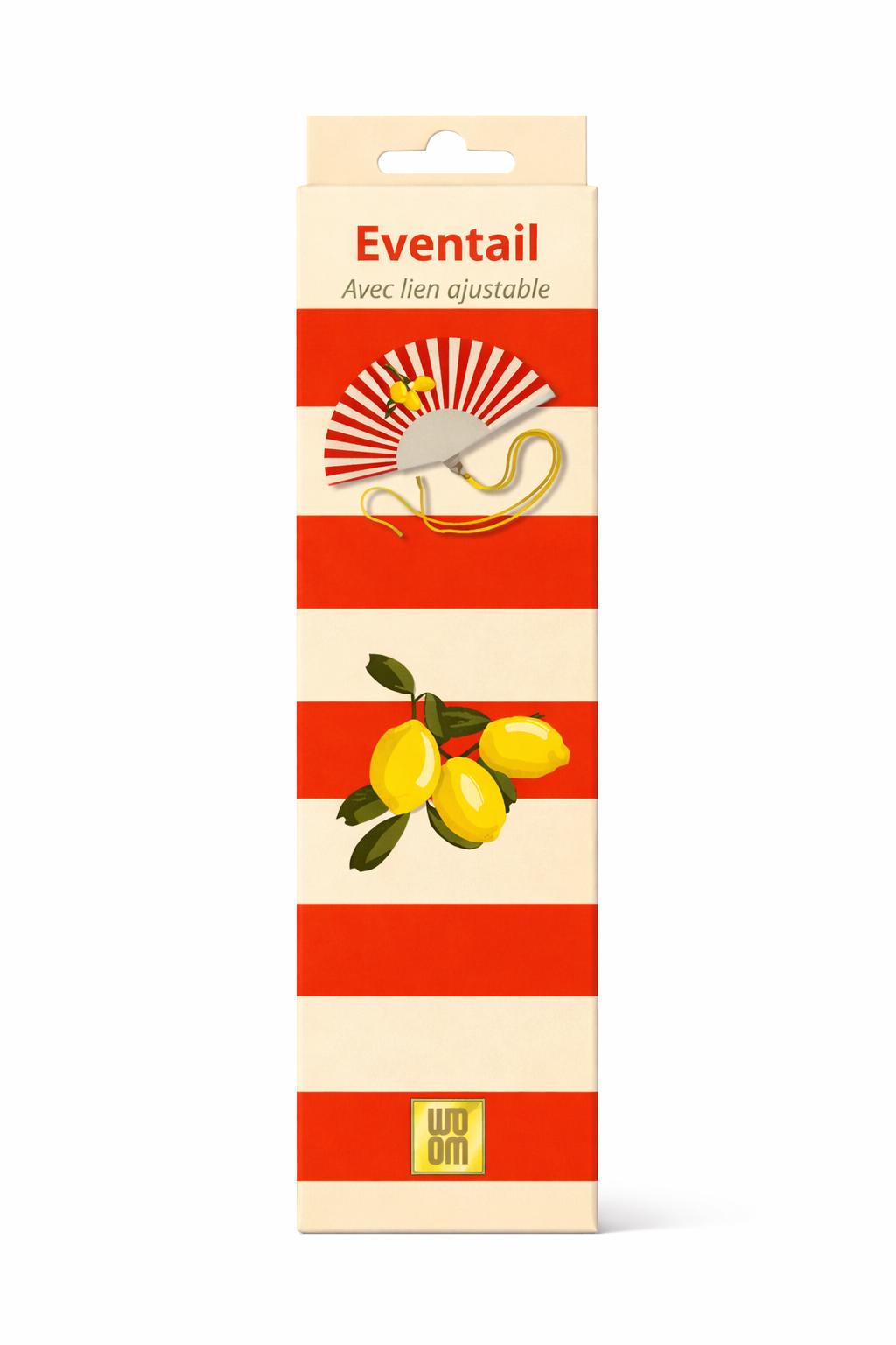 Boîte cadeau illustrée assortie à l’éventail citron, au design estival rayé rouge et crème, avec logo WOOM.
