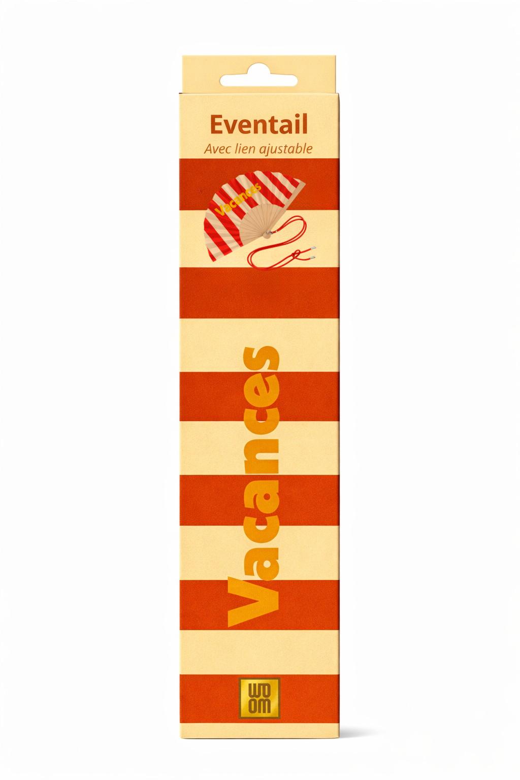 Boîte cadeau de l’éventail « Vacances », aux couleurs coordonnées et au design graphique.
Un packaging élégant et joyeux, parfait pour offrir ou exposer en boutique.
