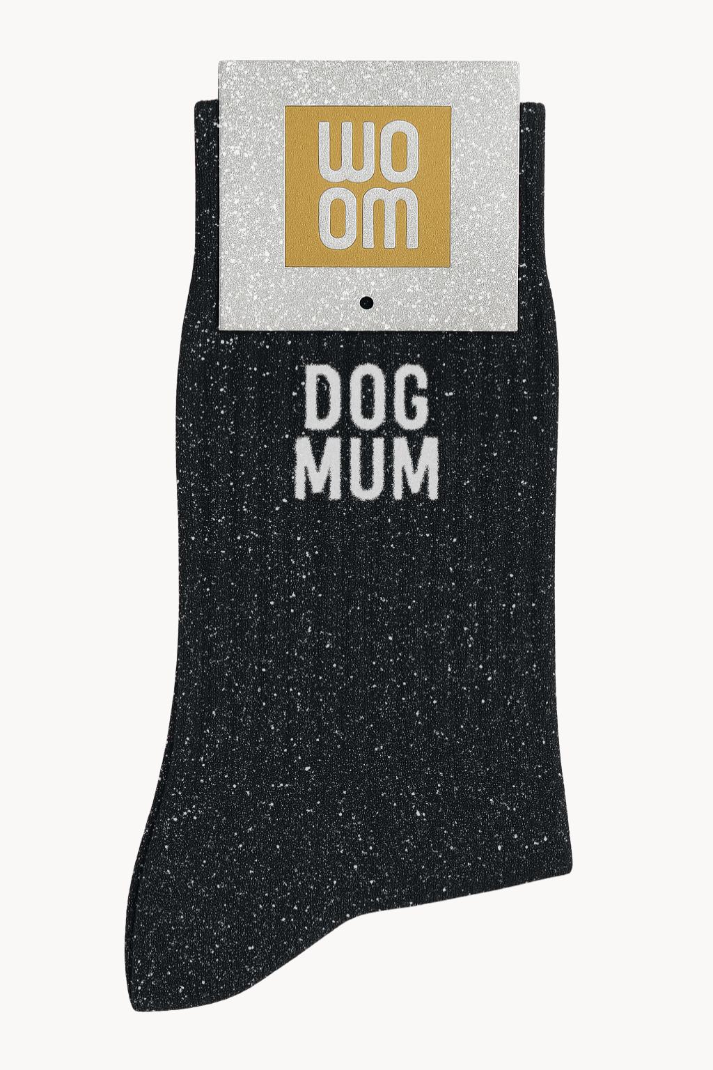 chaussette à paillettes noir avec le message dog mum