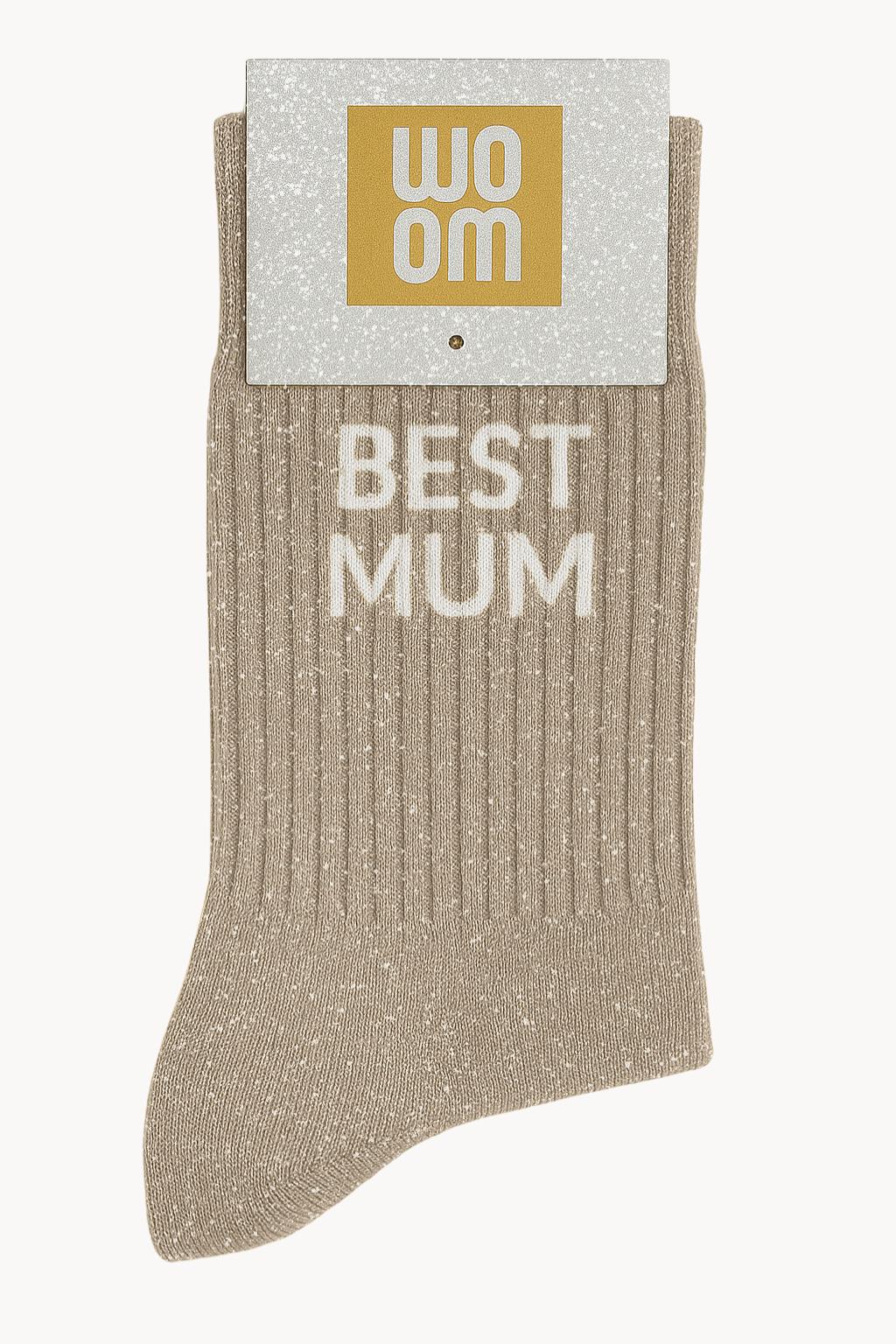 Chaussettes beiges à paillettes modèle  "Best Mum"  - message drôle - cadeau rigolo femme - Woom