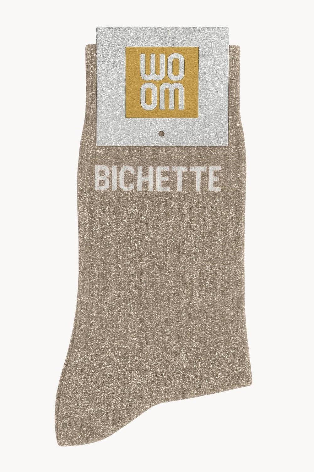 chaussette a paillette a message bichette couleur beige