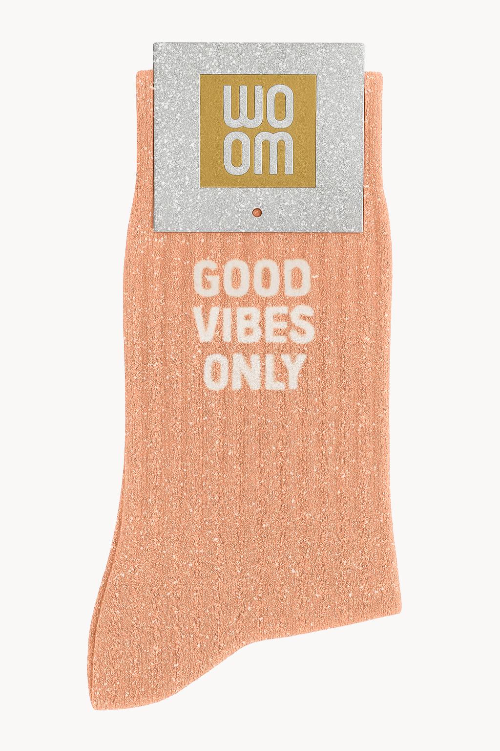 chaussettes à paillettes couleur pêche avec message good vibes only