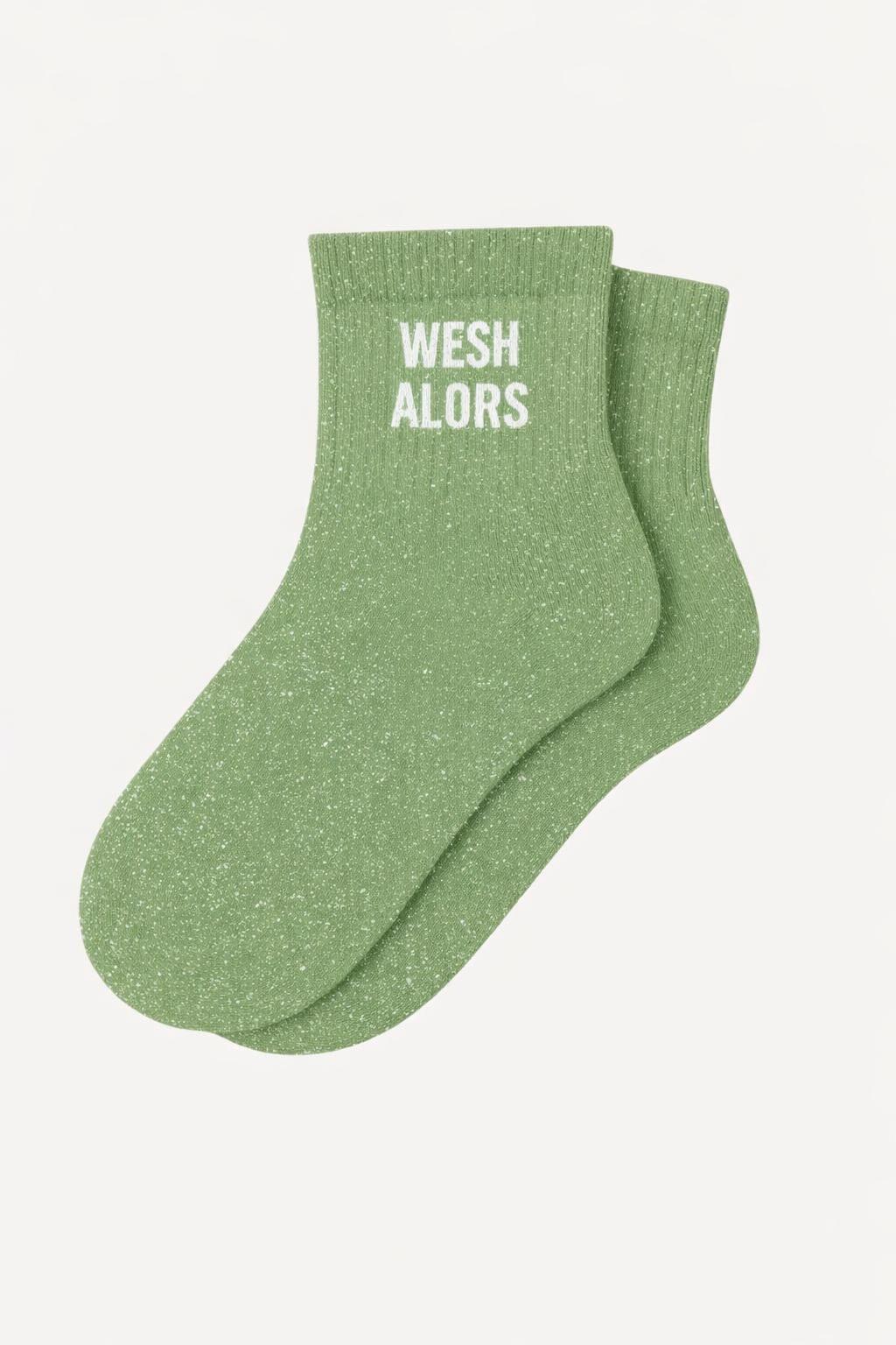 Chaussettes Courtes à Paillettes "WESH ALORS" - Vert Amande