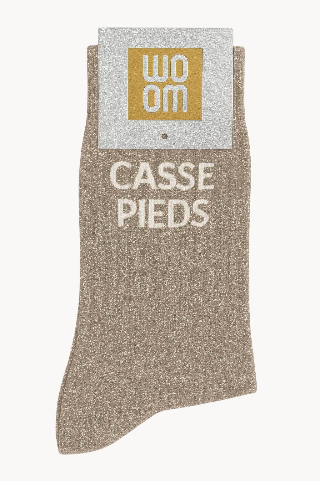 chaussettes à paillettes beiges à message casse pieds