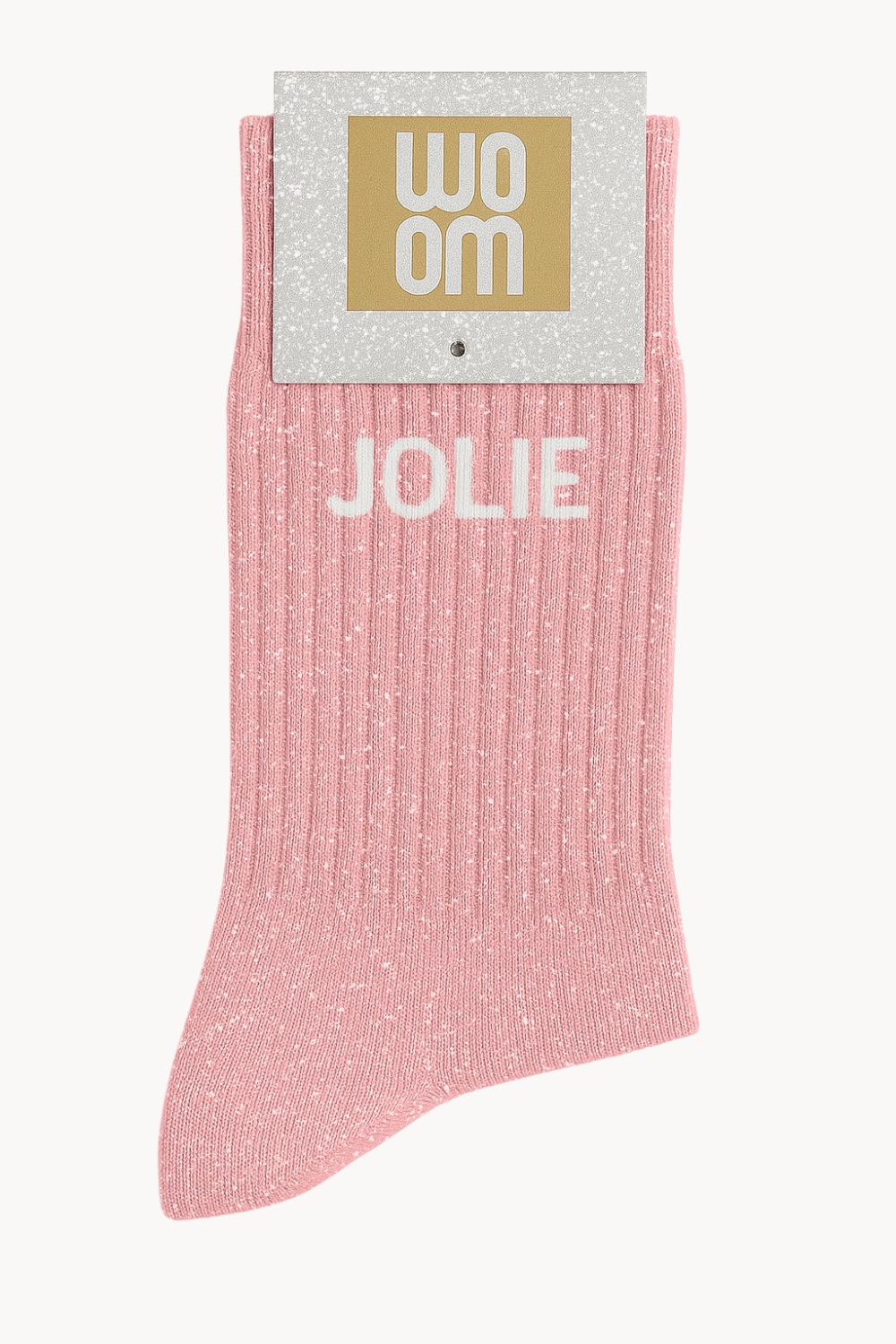 Chaussettes roses à paillettes modèle  "JOLIE" Rose - message drôle - cadeau rigolo femme - Woom