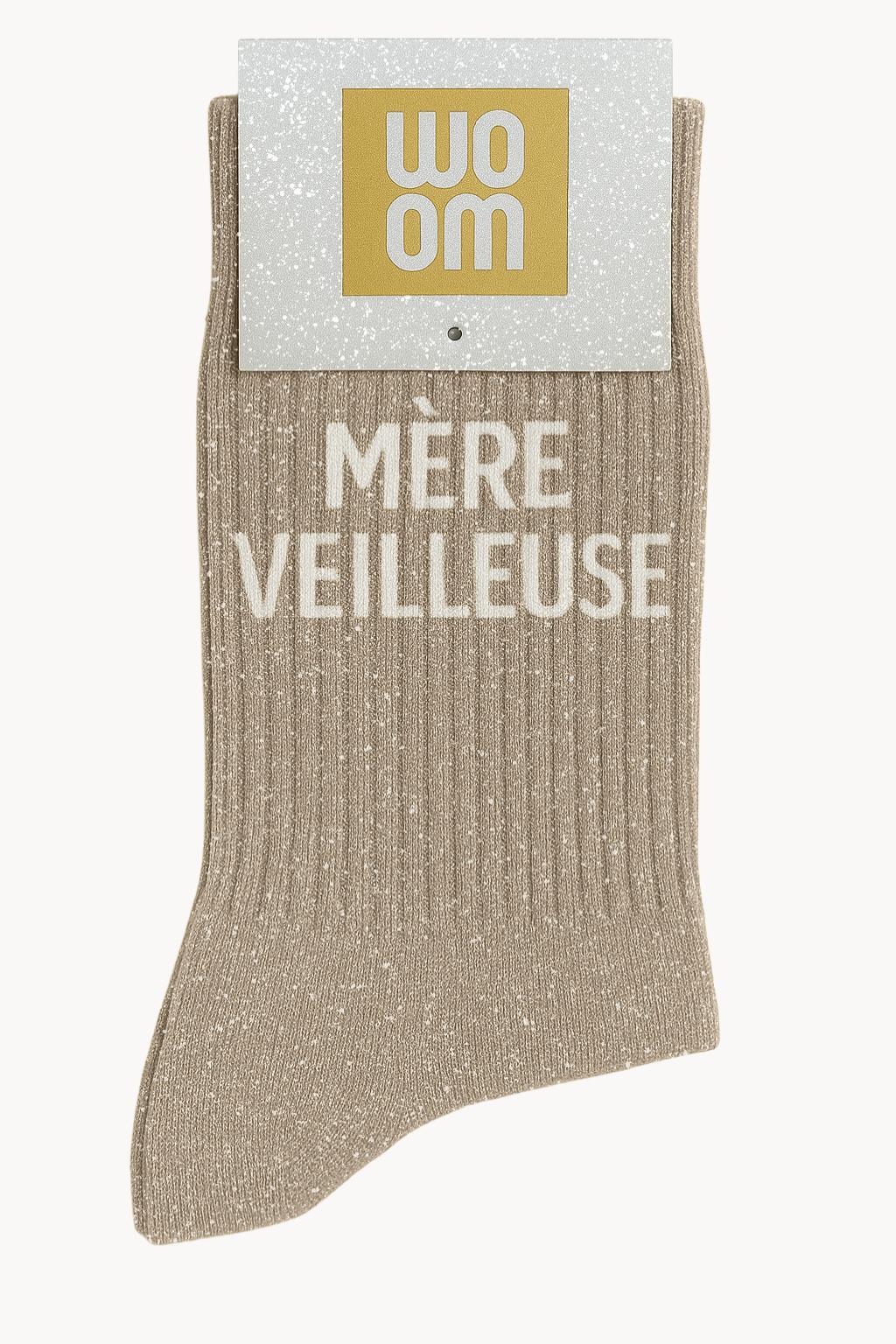 Chaussettes beiges à paillettes modèle  "Mère Veilleuse"  - message drôle - cadeau rigolo femme - Woom