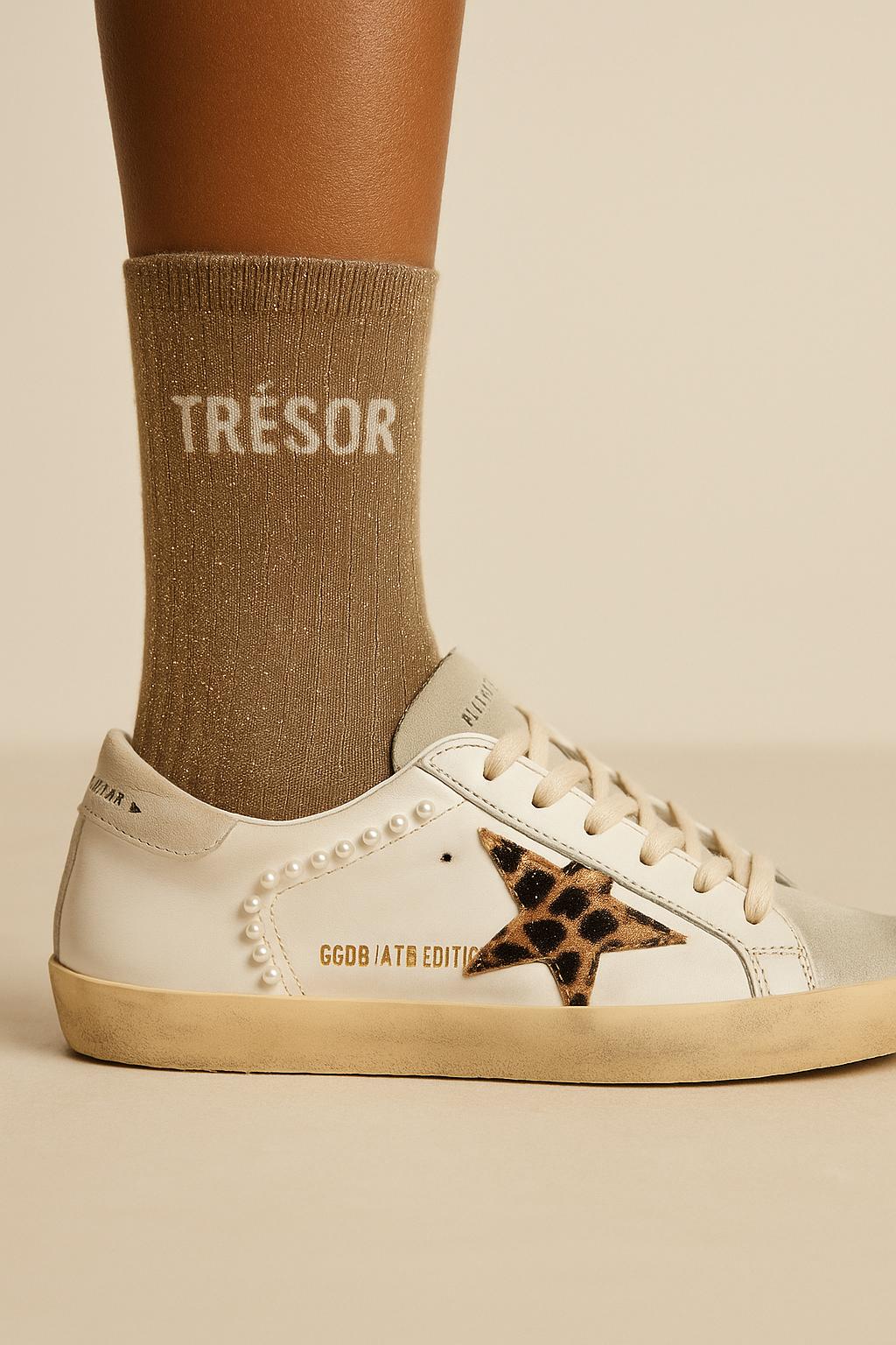 Chaussettes beiges à paillettes modèle  "Trésor"  - Look stylé en chaussettes à paillettes - Woom