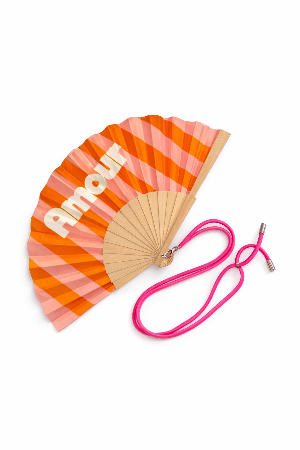 Éventail avec bandoulière rose et orange modèle Amour

