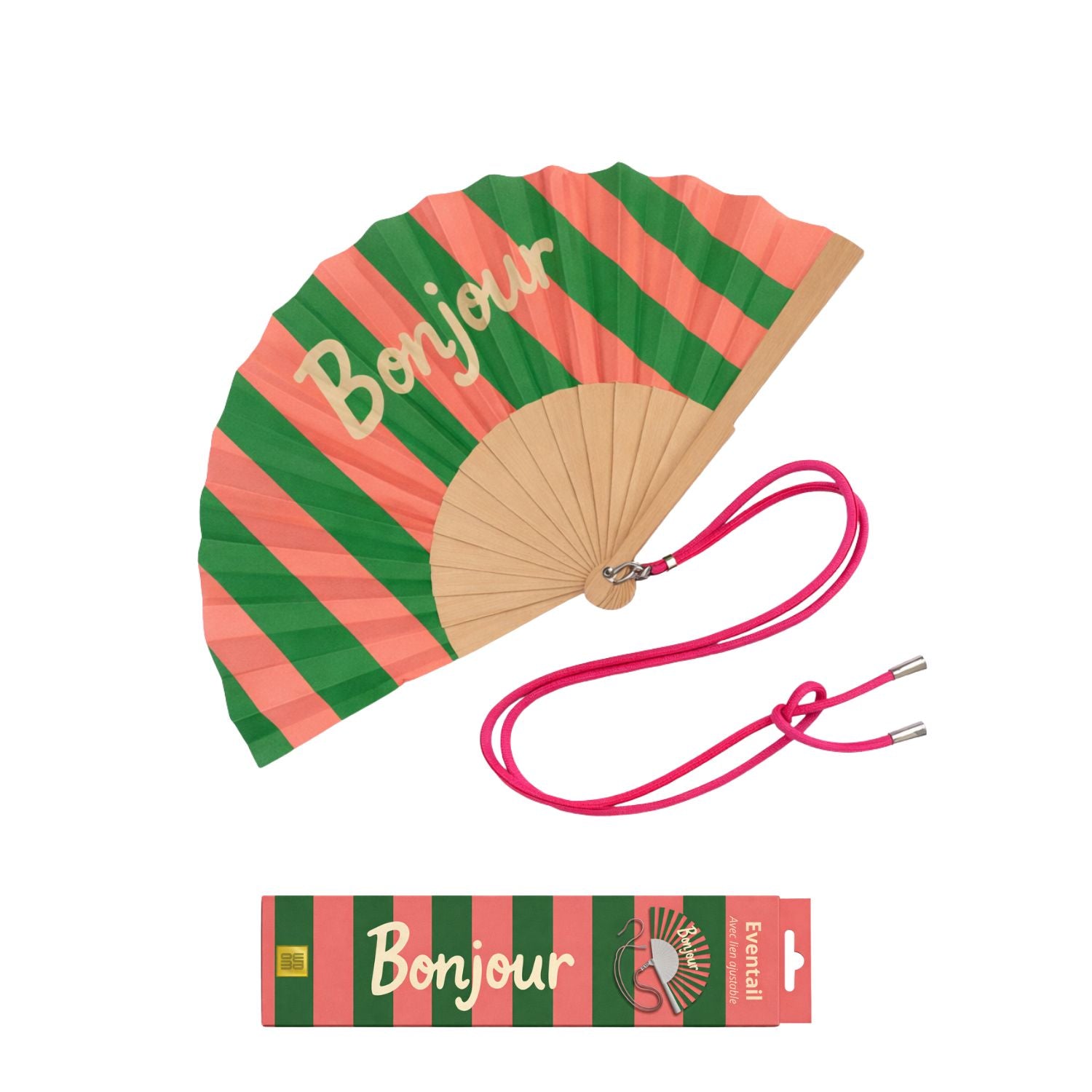 L’éventail Bonjour est présenté dans sa boîte cadeau WOOM aux rayures vertes et roses, assortie au design de l’éventail.
Un packaging coloré et élégant, idéal pour offrir ou se faire plaisir.
