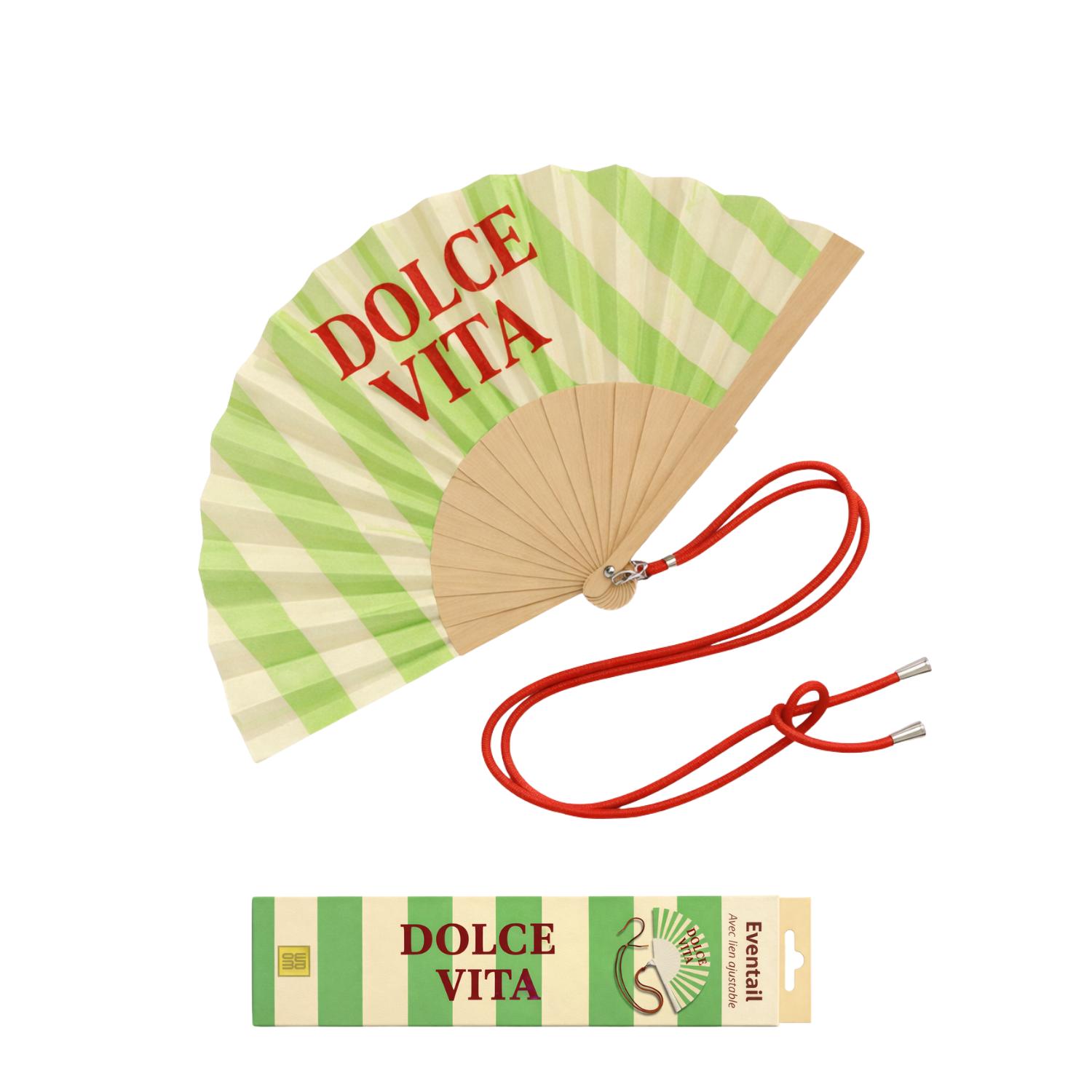 Éventail « Dolce Vita » présenté avec sa boîte cadeau assortie, idéal pour offrir ou se faire plaisir.
