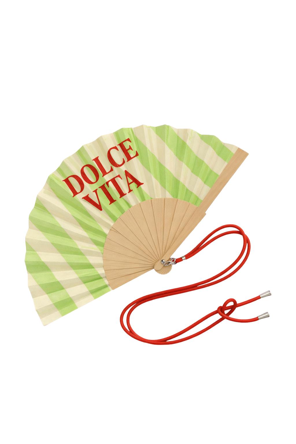 Éventail « Dolce Vita » avec bandoulière ajustable, au design rayé vert et écru inspiré de l’été italien.
