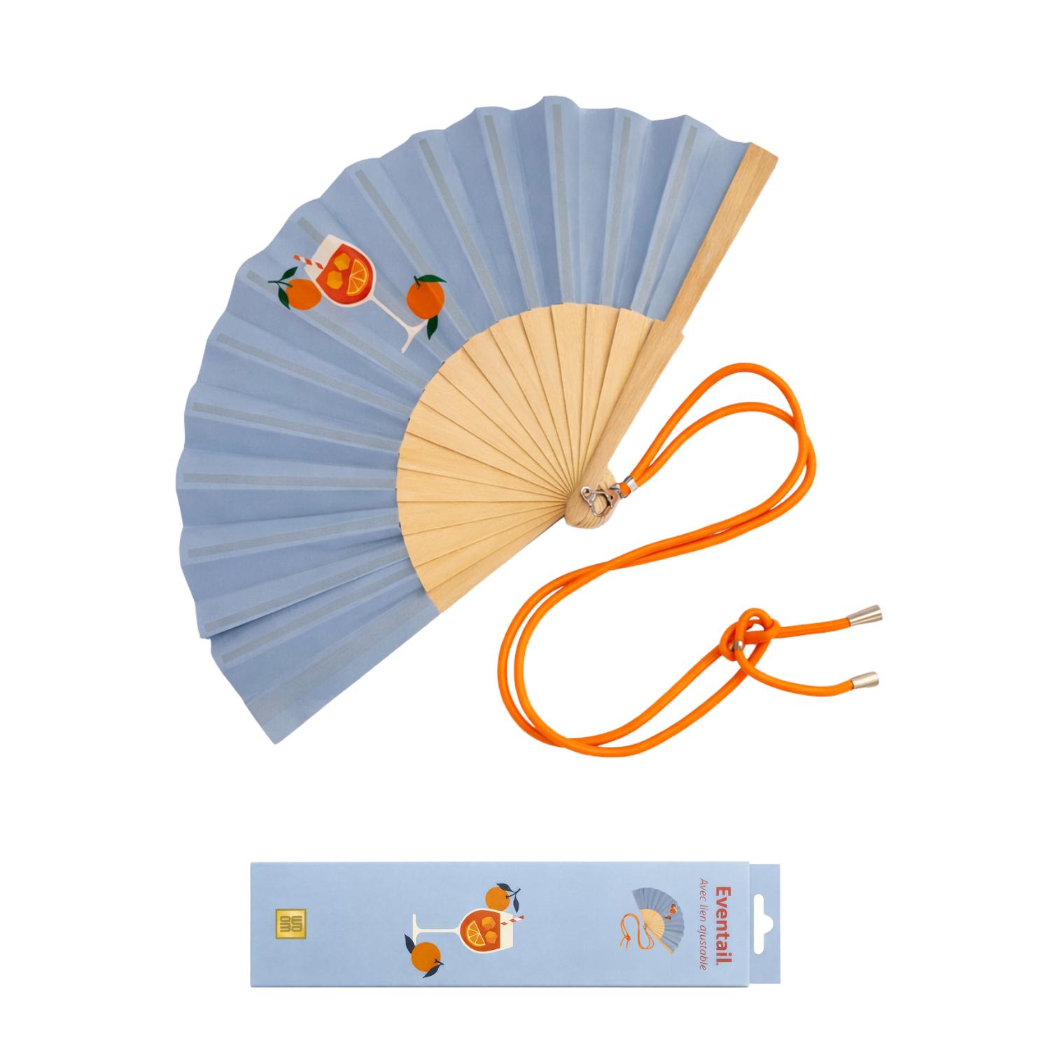 Éventail avec bandoulière bleu modèle Spritz livré dans une boîte cadeau
